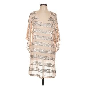 Ruby Yaya Womens Sequin Striped V-Neck Kimono Sleeve Tunic Dress Tan Large